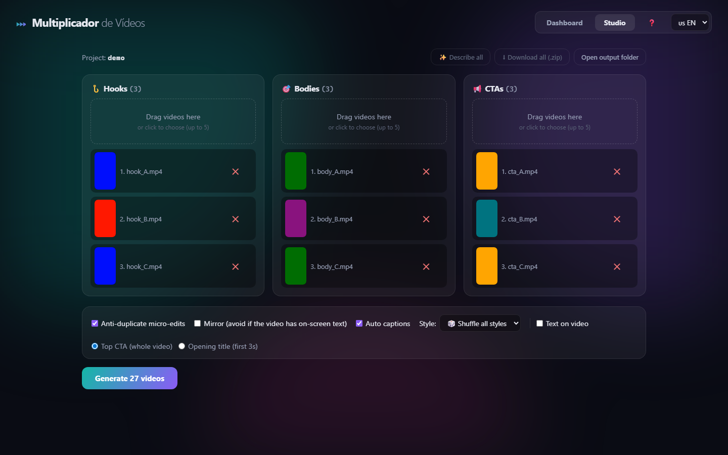 Estúdio do AI Creative Engine: três slots com clipes carregados e o botão Gerar 27 vídeos